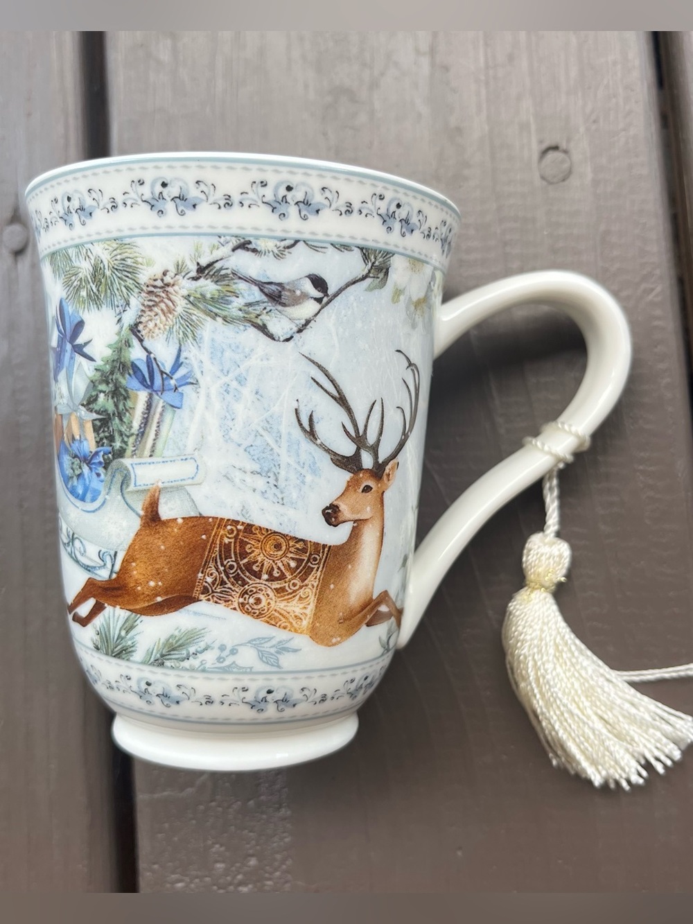 Delton Products Reindeer Sled Christmas Porcelain Mug Tassel Winter Coquette